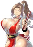  1girl breasts brown_hair chikoinochi hand_fan hand_on_own_hip highres huge_breasts looking_at_viewer one_eye_closed shiranui_mai simple_background solo the_king_of_fighters thighs 