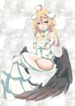  1girl ahoge albedo_(overlord) albedo_(overlord)_(cosplay) bare_shoulders blonde_hair blue_eyes closed_mouth cosplay crossed_arms dress full_body gloves hair_between_eyes hal_(goshujinomocha) half-closed_eyes highres hip_vent horns invisible_chair long_hair looking_at_viewer low_wings overlord_(maruyama) pout sitting solo sweat tanya_degurechaff white_background white_dress white_gloves wings youjo_senki 