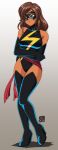  0tacat 1990s_(style) 1girl absurdres black_footwear black_gloves black_leotard boots breasts brown_eyes brown_hair commentary cosplay dark-skinned_female dark_skin domino_mask elbow_gloves embarrassed english_commentary frown full_body gloves highres kamala_khan leotard marvel mask medium_breasts ms._marvel ms._marvel_(cosplay) retro_artstyle signature solo sweatdrop thigh_boots 