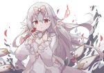  1girl absurdres arcaea blush bug butterfly butterfly_on_hand cleavage_cutout clothing_cutout colon_br cowboy_shot dot_nose dress falling_petals floating_hair grey_hair hair_between_eyes hand_up highres hikari_(arcaea) long_dress long_hair long_sleeves looking_at_viewer parted_lips petals red_eyes sidelocks simple_background solo straight-on tearing_up white_background white_dress 