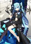  alternate_costume black_footwear black_gloves blue_eyes blue_hair commentary_request gloves hatsune_miku highres long_hair negi_(ulog&#039;be) parted_lips single_thighhigh sitting thighhighs twintails very_long_hair vocaloid 