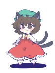  animal_ears blush bow brown_eyes brown_hair cat_ears cat_girl cat_tail chahan_(fried_rice0614) chen cross-laced_footwear dress frilled_dress frilled_hat frills green_headwear hat highres light_smile long_sleeves looking_ahead mob_cap multiple_tails red_dress shadow short_hair simple_background socks spread_fingers standing tail touhou two_tails white_background yellow_bow 