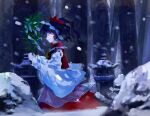  1girl black_hair chamaruk closed_eyes closed_mouth detached_sleeves from_side hakurei_reimu highres japanese_clothes nontraditional_miko outdoors perfect_cherry_blossom profile red_skirt short_hair skirt snow solo stone_lantern touhou white_sleeves wide_sleeves 