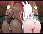  2girls animal_ears ass bent_over black_leotard blanc_(nikke) brown_hair censored cleft_of_venus crotchless crotchless_leotard dark-skinned_female dark_skin fake_animal_ears fat_mons female_pubic_hair fishnet_pantyhose fishnets from_behind fumutarou goddess_of_victory:_nikke heart leotard long_hair multiple_girls noir_(nikke) pantyhose playboy_bunny poker_chip poker_table pubic_hair pussy rabbit_ears spoken_blush spoken_heart steam table tail thigh_gap thighs very_long_hair white_hair white_leotard 