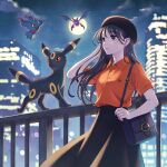  1girl absurdres bag black_bag black_hair black_headwear black_skirt blurry blurry_background bokeh building character_print city cloud crobat depth_of_field floating_hair full_moon hand_in_own_hair handbag hat highres long_skirt merchandise misdreavus moon morikura_en night night_sky official_art on_railing orange_shirt pokemon pokemon_(creature) polo_shirt purple_eyes railing shirt short_sleeves skirt sky umbreon walking_on_railing 