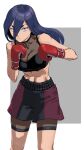  1girl abs blue_hair boxing_gloves breasts commentary_request covered_collarbone eyes_visible_through_hair hair_between_eyes large_breasts long_hair looking_at_viewer midriff original rggr see-through shorts solo 