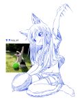 1girl :p absurdres animal_ears arm_up artist_logo artist_name barefoot cat cat_ears cat_girl cat_tail commentary_request creature_and_personification full_body highres long_hair midriff motion_lines nisp_art original pen_(medium) shirt short_sleeves shorts simple_background sitting solo tail tongue tongue_out wariza water_balloon white_background 