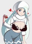  1girl black_bra blue_eyes blush bra breasts cameltoe cleavage closed_mouth clothes_lift commentary earrings grey_background hand_up hat heart holding holding_poke_ball jewelry large_breasts long_sleeves looking_at_viewer melony_(pokemon) pabsmikan pantyhose poke_ball poke_ball_(basic) pokemon pokemon_(game) pokemon_swsh scarf shirt shirt_lift smile solo underwear watermark white_headwear white_scarf white_shirt 