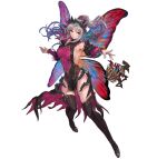  1girl absurdres armpits bare_shoulders boots breasts commentary_request dress fairy_wings fire_emblem fire_emblem_heroes floating floating_object gradient_hair grey_hair hair_ornament highres large_breasts leg_up long_hair multicolored_hair official_art parted_lips pelvic_curtain plumeria_(fire_emblem) pointy_ears ponytail red_eyes shiny_clothes shiny_skin simple_background sleeveless solo thigh_boots thighhighs thorns white_background wings yoshiku_(oden-usagi) 