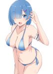  1girl absurdres bikini blue_bikini blue_eyes blue_hair breasts ekaki_kukuma hair_between_eyes hair_ribbon highres large_breasts looking_at_viewer open_mouth re:zero_kara_hajimeru_isekai_seikatsu rem_(re:zero) ribbon solo swimsuit 