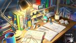  artist_logo clock coffee coffee_mug cup desk desk_lamp digital_clock doraemon doraemon_(character) eraser glasses indoors lamp marker mug no_humans notebook original pen pencil rubik&#039;s_cube scenery shelf xingzhi_lv 