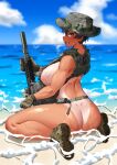  1girl absurdres areola_slip ass assault_rifle back black_hair boonie_hat boots breasts brown_footwear brown_gloves camouflage camouflage_headwear cloud daewoo_k2 english_commentary foregrip from_behind gloves gun highres hitch_(perotoss) large_breasts load_bearing_vest looking_at_viewer nude ocean open_mouth optical_sight original outdoors paid_reward_available rifle sand sergeant_joo sharp_teeth shoe_soles short_hair sideboob sitting sky slit_pupils solo suppressor tan tanlines teeth vertical_foregrip wariza water weapon wet yellow_eyes 