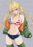  1girl ahoge american_flag american_flag_bikini american_flag_print aqua_eyes bikini bikini_under_clothes blonde_hair blue_nails blue_shorts blush breasts bright_pupils cleavage closed_mouth collarbone denim denim_shorts flag_print green_jacket green_thighhighs hassystants highres jacket long_hair long_sleeves looking_at_viewer medium_breasts midriff monica_adenauer multicolored_nails nail_polish navel off_shoulder open_clothes open_jacket red_bikini red_nails short_shorts shorts sleeves_past_wrists smile solo swimsuit thighhighs thong_bikini twintails white_pupils yakitate!!_japan 