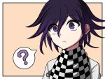  1boy ? black_hair black_scarf border brown_background checkered_clothes checkered_scarf danganronpa_(series) danganronpa_v3:_killing_harmony frown hair_between_eyes highres jacket male_focus multicolored_hair oma_kokichi purple_eyes purple_hair scarf solo speech_bubble spoken_question_mark suiren_yurei two-tone_hair upper_body white_border white_jacket white_scarf 