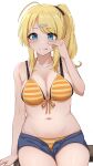  1girl absurdres ahoge alternate_hairstyle arm_support bare_shoulders bikini bikini_under_shorts black_ribbon blonde_hair blue_eyes blue_shorts blush bow breasts cleavage closed_mouth collarbone dot_nose emu_1316 front-tie_bikini_top front-tie_top hachimiya_meguru hair_bow hair_ornament hair_ribbon hairclip hand_on_own_face hand_up highres idolmaster idolmaster_shiny_colors large_breasts long_hair looking_at_viewer navel orange_bikini ribbon short_shorts shorts side_ponytail simple_background sitting smile solo striped striped_bikini sweatdrop swimsuit tongue tongue_out upper_body white_background 