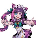  1girl :d ;d apron blush bow bowtie buttons cafe_cuties_jinx cat_ornament cone_hair_bun double-breasted dress green_bow green_bowtie green_eyes hair_bun hands_up index_finger_raised jinx_(league_of_legends) league_of_legends maid_headdress official_alternate_costume one_eye_closed open_mouth phantom_ix_row pink_dress pink_shirt puffy_short_sleeves puffy_sleeves reference_request shirt short_sleeves simple_background smile solo teeth tongue upper_teeth_only waist_apron white_background wrist_cuffs 
