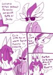  anthro blush cinderace clothing collar comic duo eyewear generation_4_pokemon generation_8_pokemon jacket lucario male nintendo pokemon pokemon_(species) renita_reed shirt simple_background spanish_text spikes spikes_(anatomy) sunglasses text topwear 