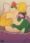  anthro arm_over_head bed bowser cuddling duo furniture hand_on_stomach hi_res hugging_belly male male/male mario_bros musclegut nintendo nude scalie sleeping vandroiy 