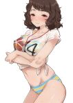  1girl absurdres bikini bikini_under_clothes blush breasts brown_eyes brown_hair crossed_arms eyelashes highres kawakami_sadayo kurosususu medium_breasts nose_blush persona persona_5 see-through shirt short_hair short_sleeves simple_background solo striped striped_bikini swimsuit t-shirt wet wet_clothes wet_hair wet_shirt whistle whistle_around_neck white_background white_shirt 