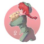  1girl ass bag baiaidi blush blush_stickers braid braided_ponytail breasts circle food green_headwear green_pants nose_blush official_alternate_costume pants paper_bag ranma-chan ranma_1/2 red_hair solo 