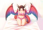  1girl absurdres arm_support artist_name bed blush bra breasts brown_hair character_request cleavage cloudxmoe commission copyright_request dot_mouth english_commentary english_text full_body gradient_wings highres horns large_breasts long_hair looking_at_viewer multicolored_wings navel on_bed panties pillow pink_bra pink_panties plump pointy_ears red_tail seiza sidelighting sitting solo straight-on tail thick_thighs thighs underwear wings yellow_eyes 