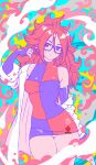  1girl android android_21 bare_shoulders brown_hair checkered_clothes checkered_dress colorful curly_hair dragon_ball dragon_ball_fighterz dress earrings elbow_gloves frown glasses gloves hair_twirling highres hoop_earrings jewelry kanchiyo lab_coat long_hair off_shoulder panties short_dress signature sleeveless sleeveless_dress solo underwear white_panties 