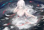  1girl alternate_costume arknights bare_shoulders breasts choker cleavage closed_mouth dress gnai highres large_breasts long_hair looking_at_viewer partially_submerged red_eyes sitting skadi_(arknights) sleeveless sleeveless_dress solo very_long_hair water white_choker white_dress white_hair 