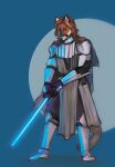  adelphopoiesis anthro armor blonde_hair clothing cougar felid feline hair hi_res lightsaber luke_(contritecougar) male mammal melee_weapon robe solo star_wars weapon 