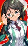  1girl black_hair commentary_request cosplay glasses green-framed_eyewear green_jacket grey_eyes highres ikuno_dictus_(umamusume) ikuno_dictus_(umamusume)_(cosplay) jacket kantai_collection kirishima_(kancolle) necktie red_necktie shirt short_hair solo umamusume upper_body white_shirt yasume_yukito 