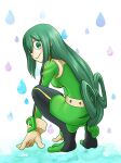  1girl :&gt; asui_tsuyu blush bodysuit boku_no_hero_academia breasts frog_girl gloves green_bodysuit green_eyes green_hair hair_rings long_hair looking_back low-tied_long_hair nobuunaneko rain smile solo squatting white_gloves 