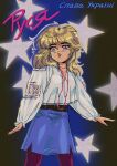  1980s_(style) 1girl animification belt black_background black_belt blonde_hair blue_eyes blue_skirt earrings english_commentary jewelry long_hair long_sleeves looking_up mizucat necklace pantyhose parted_lips purple_pantyhose real_life retro_artstyle russya_(singer) shirt skirt smile solo star_(symbol) ukrainian_clothes ukrainian_text white_shirt 
