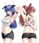  2girls absurdres angelina_(arknights) animal_ears arknights arm_behind_back arm_strap armpits arms_behind_back black_shorts blue_eyes blue_hair bound_thumbs breasts brown_eyes brown_hair cleavage commission cowboy_shot crop_top demon_horns fox_ears fox_girl highres horns large_breasts long_hair looking_at_viewer mostima_(arknights) multiple_girls no_tail no_wings second-party_source short_shorts shortofsugar shorts smile tank_top thighs twintails white_tank_top 