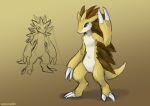  ambiguous_gender anthro biped blue_sclera brown_body claws generation_1_pokemon hi_res navel nintendo pokemon pokemon_(species) sandslash sealer4258 simple_background solo tan_body white_eyes yellow_body 