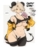  1girl ahoge animal_print black_sports_bra blonde_hair breasts cleavage cow_print cowboy_shot cup curled_horns demon_tail drinking english_commentary english_text forehead goat_girl goat_horns heart highres hip_vent holding holding_cup horns jacket large_breasts long_sleeves looking_at_viewer navel off_shoulder original pointy_ears rakeemspoon short_hair simple_background solo speech_bubble sports_bra susan_(rakeemspoon) tail thighs two-tone_background undressing v-shaped_eyebrows yellow_eyes yellow_sleeves 