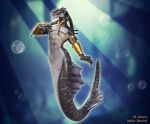  3d_(artwork) action_pose anthro apode arm_fins armband armor bracers bubble choker deity digital_media_(artwork) draconcopode fin floating gold_(metal) gold_armband gold_choker gold_jewelry gold_necklace grey_body grey_scales head_fin hi_res icaxhu iviking jewelry legless long_tail looking_at_viewer male marine maurlim membrane_(anatomy) muscular muscular_anthro muscular_male naga neck_ring necklace pose pseudo_hair reptile ring scales scalie sea serpentine snake split_form tail teeth tentacle_hair tentacles tongue underwater vrchat_model water webbed_hands yellow_eyes 