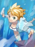  1girl barefoot blonde_hair breasts cleavage closed_mouth commentary_request eyelashes freediving green_eyes highres jacket misty_(pokemon) one-piece_swimsuit open_clothes open_jacket pokemon pokemon_(creature) pokemon_(game) pokemon_hgss short_hair smile split_mouth starmie swimsuit underwater white_one-piece_swimsuit yodaka_(ydk_0365) 