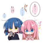 2girls black_sweater blue_eyes blue_hair blunt_bangs blush bocchi_the_rock! cellphone chibi chika_(06chimika13) commentary_request cube_hair_ornament expressionless eyes_visible_through_hair gotoh_hitori hair_ornament hairclip heart holding holding_phone jacket long_hair looking_at_viewer lovestruck mole mole_under_eye multiple_girls one_side_up open_mouth phone pink_hair pink_jacket short_hair smartphone sound_effects sweater thought_bubble track_jacket translated yamada_ryo yellow_eyes 