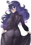  1girl @_@ absurdres ass blush breasts clothes_lift dress dress_lift facing_away hex_maniac_(pokemon) highres impossible_clothes large_breasts lifted_by_self long_hair looking_at_viewer looking_back marusa565 medium_breasts messy_hair open_mouth pokemon pokemon_(game) pokemon_xy purple_dress purple_eyes purple_hair simple_background smile solo standing taut_clothes taut_dress thick_eyebrows very_long_hair wavy_hair wavy_mouth white_background wide_hips 