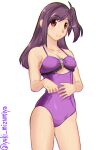  1girl absurdres ahoge breasts contrapposto frilled_one-piece_swimsuit frills hagikaze_(kancolle) highres kantai_collection long_hair medium_breasts mizumiya_yuuki o-ring o-ring_swimsuit one-hour_drawing_challenge one-piece_swimsuit one_side_up purple_hair purple_one-piece_swimsuit red_eyes simple_background solo swimsuit twitter_username white_background 