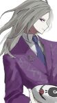  1boy blue_necktie closed_mouth collared_shirt commentary_request floral_print grey_hair holding holding_mask jacket long_hair long_sleeves looking_at_viewer makoto_kagutsuchi male_focus mask mask_removed master_detective_archives:_rain_code necktie oji-sama_(ochi4t) purple_eyes purple_jacket purple_necktie shirt simple_background solo spoilers upper_body white_background white_shirt 