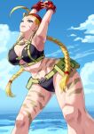  1girl alternate_costume bikini blonde_hair blue_eyes cammy_white camouflage_paint cloud fingerless_gloves gloves hat highres looking_at_viewer military_hat ocean scar scar_on_face street_fighter stretching swimsuit thick_thighs thighs twintails yagi2013 