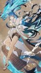  1girl ankle_boots arknights blue_eyes blue_hair boots braid butterfly768 coat cup dragon_girl dragon_horns dragon_tail elbow_gloves gloves holding holding_cup horns ling_(arknights) long_hair looking_at_viewer pointy_ears shirt short_shorts shorts smile solo tail thigh_strap very_long_hair white_coat white_shirt 