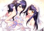  2girls :d alternate_costume artist_name back bare_shoulders black_hair blush bouquet breasts bridal_gauntlets cleavage collarbone company_connection crossover dress dutch_angle eyelashes floating_hair flower hair_between_eyes hair_flower hair_ornament holding holding_bouquet izanami_kyouko kamisama_ni_natta_hi key_(company) kushima_kamome large_breasts lips long_hair look-alike looking_at_viewer multiple_girls open_mouth pink_eyes pink_flower pink_rose rose round_teeth sidelocks simple_background skull_ornament smile sparkle straight_hair strapless strapless_dress summer_pockets teeth third-party_source upper_body upper_teeth_only very_long_hair wavy_hair wedding_dress white_background white_dress yellow_eyes zen_(kamuro) 