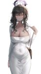  1girl black_hair blue_archive breasts chabi cleavage commentary_request covered_navel cowboy_shot dark_skin dress highres karin_(blue_archive) large_breasts long_hair long_sleeves looking_at_viewer simple_background solo standing white_background white_dress yellow_eyes 