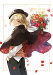  1boy black_cloak black_headwear black_pants blonde_hair bouquet brown_sweater_vest bungou_to_alchemist camellia cloak commentary cowboy_shot dated falling_petals flower framed from_behind hand_in_pocket hat highres holding holding_bouquet long_sleeves looking_at_viewer looking_back male_focus myagarin nakahara_chuuya_(bungou_to_alchemist) pants parted_bangs petals porkpie_hat red_eyes red_flower sanpaku shirt short_hair solo sweater_vest symbol-only_commentary tilted_headwear two-sided_cloak two-sided_fabric untucked_shirt white_background white_shirt 