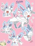  :d ^_^ alternate_color blush bright_pupils character_name closed_eyes commentary_request fang fangs highres iie_efg leafeon musical_note no_humans open_mouth outline pink_background pink_eyes pokemon pokemon_(creature) shiny_pokemon smile sylveon tongue white_pupils 