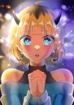 1girl ahoge bare_shoulders blonde_hair blue_eyes blue_sweater blunt_bangs blurry blush bokeh demon_horns depth_of_field earrings emphasis_lines fake_horns glowing hands_up highres hoop_earrings horns jewelry light_particles looking_at_viewer memcho off-shoulder_sweater off_shoulder open_mouth oshi_no_ko own_hands_clasped own_hands_together short_hair sleeveless sleeveless_turtleneck solo suguru_(user_wtwm8275) surprised sweater turtleneck upper_body 
