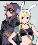  2girls adventure_time animal_ears backpack bag belt black_bra black_eyes black_robe blonde_hair blue_shorts bra brown_hair closed_mouth english_commentary fake_animal_ears fionna_the_human_girl green_bag green_eyes hands_on_own_hips highres hood huntress_wizard leaning_to_the_side long_hair looking_at_viewer mask midriff multiple_girls navel no_shirt robe shin_(ultramarine430) shorts signature single_shoulder_pad smile stake underwear 