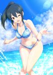  1girl bare_shoulders bikini black_hair blue_bikini blue_sky blush breasts brown_eyes cleavage cloud collarbone day dot_nose horizon idolmaster idolmaster_cinderella_girls idolmaster_cinderella_girls_starlight_stage inou_hiroaki knees_together_feet_apart lens_flare long_hair looking_at_viewer medium_breasts navel ocean ohishi_izumi one_eye_closed open_hand open_mouth outdoors outstretched_arms ponytail side-tie_bikini_bottom sky smile solo sparkle splashing standing swimsuit wading water 