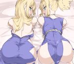  2girls all_fours ass bed_sheet blonde_hair breasts cleavage dr._stone dress green_eyes highres jewelry kohaku_(dr._stone) long_hair looking_at_viewer looking_back medium_breasts mogi_yasunobu multiple_girls necklace on_bed open_mouth ponytail ruri_(dr._stone) sidelocks smile 